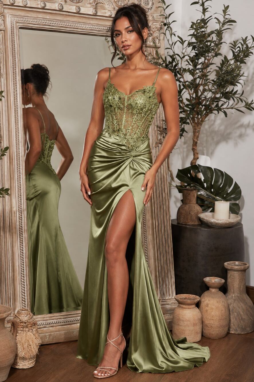Ladivine CD0176 Olive Green Embellished Satin Mermaid Prom Gown Dress M